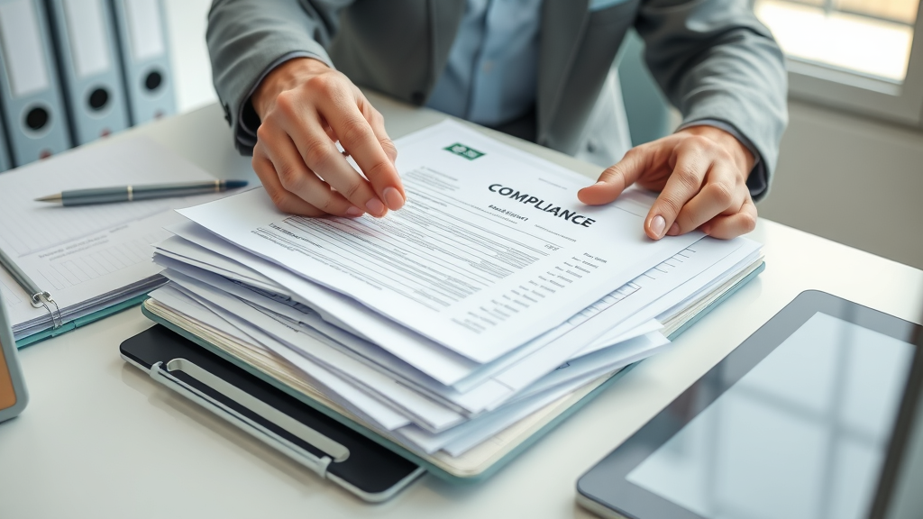Industrial wastewater non-compliance: hands organizing compliance documents and lab reports