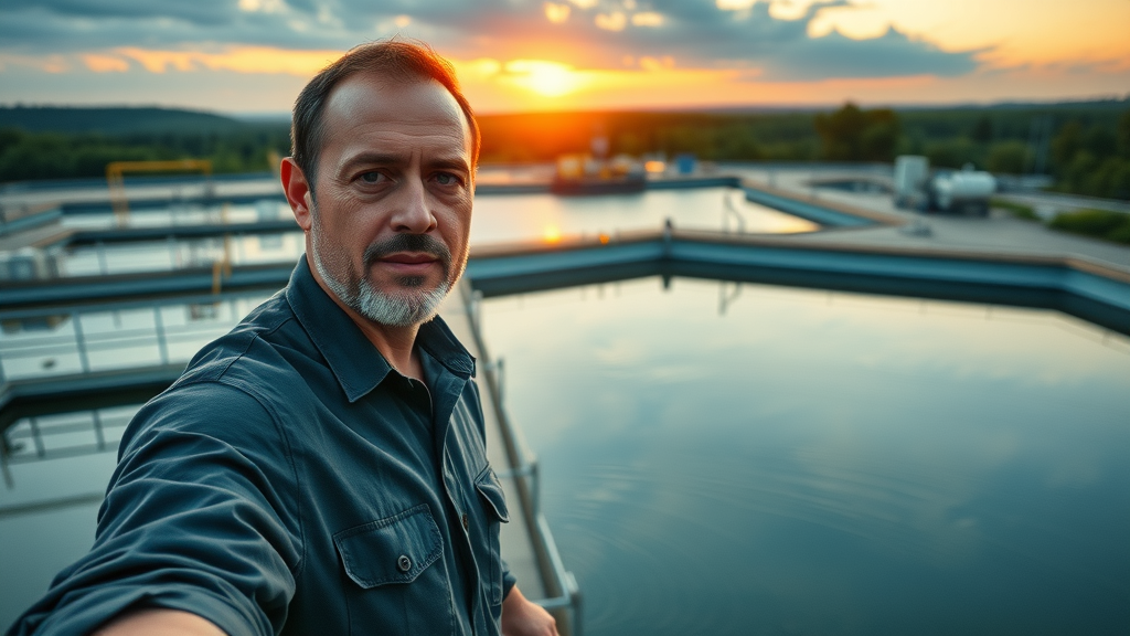 striking wastewater treatment plant at sunrise with visible purification equipment and natural greenery, wastewater & sewage treatment plants