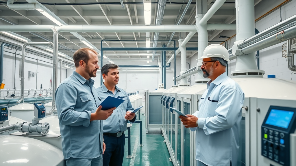 clean and modern wastewater treatment facility with engineers and advanced control panels, treatment plant