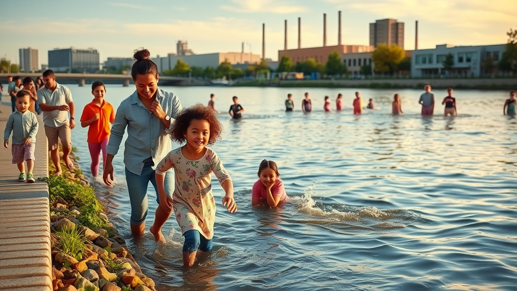 diverse community enjoying clean riverfront with visible wastewater & sewage treatment plant