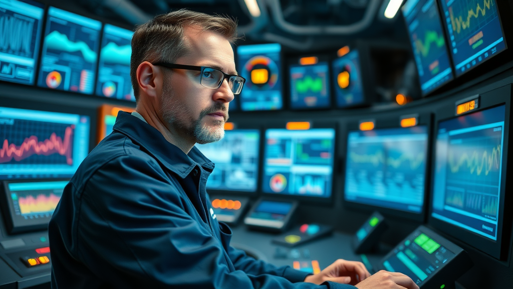 high-tech control room in a wastewater plant with real-time digital monitoring, smart monitoring wastewater & sewage treatment plants