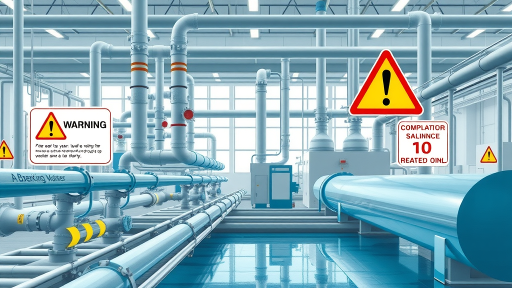 Industrial plant showing wastewater compliance warning systems with pipes and treated water flow under observation