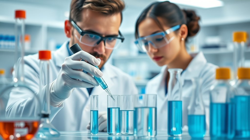 Laboratory technician analyzing industrial wastewater samples with pipette and glassware in a modern testing facility