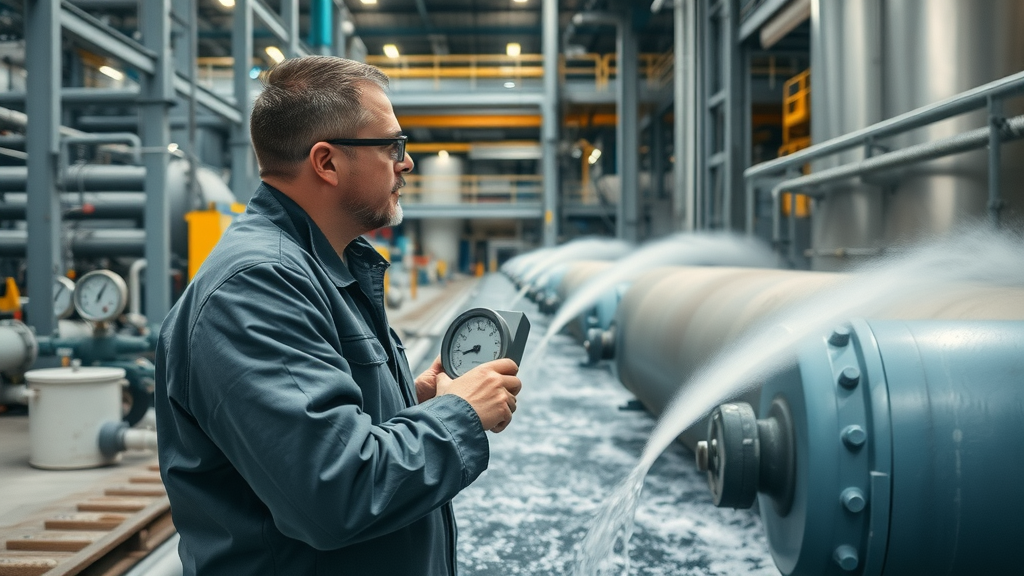 Environmental health and safety professional monitoring wastewater discharge parameters at an industrial facility