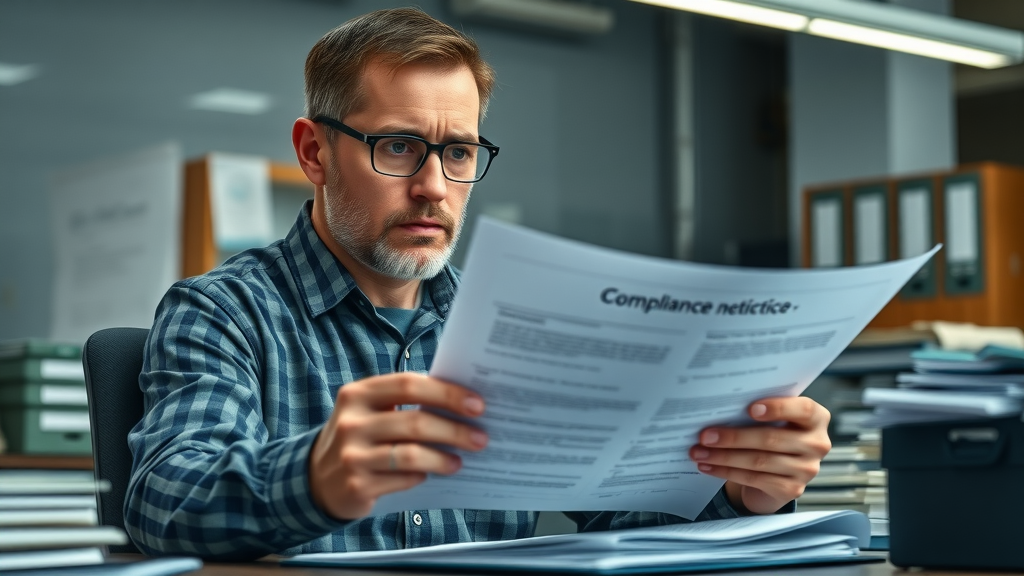 Concerned plant manager reviewing industrial wastewater compliance notices and regulatory documents in office setting