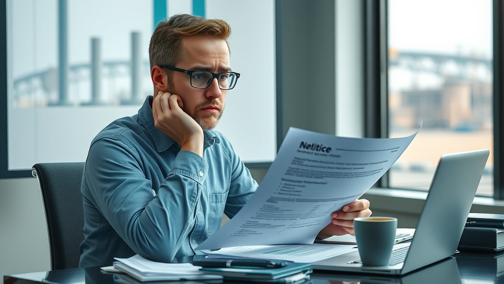 Concerned business manager reviewing wastewater compliance violation notice in modern office