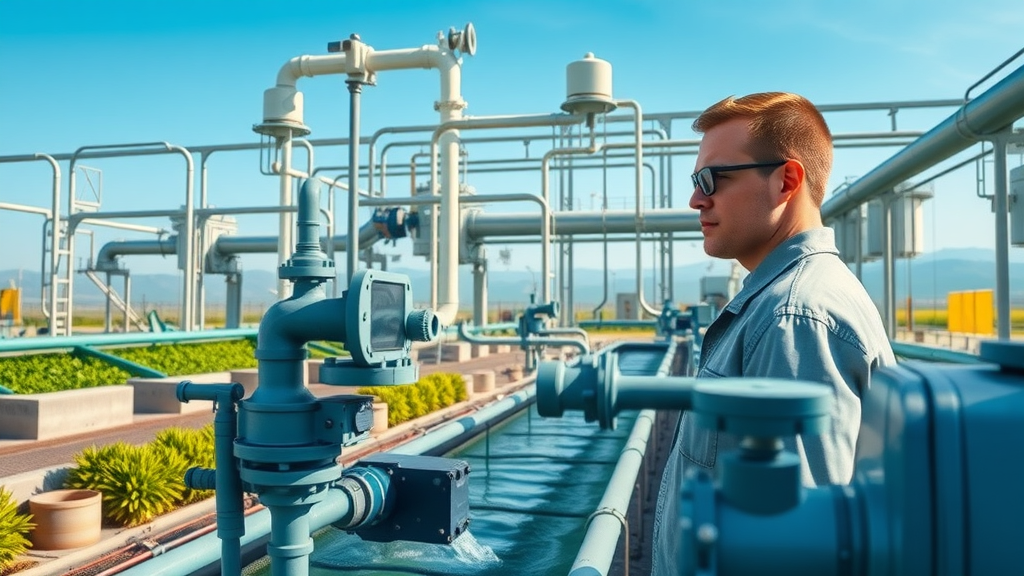 Industrial wastewater treatment plant monitoring equipment with engineers inspecting control panels