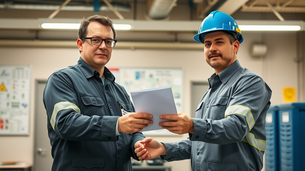 City inspector delivering wastewater compliance violation notice to plant operator in industrial office