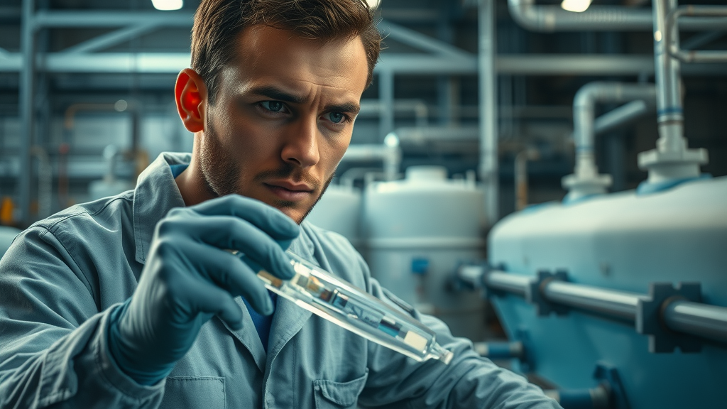 Technician injecting chlorine into wastewater effluent line at industrial facility