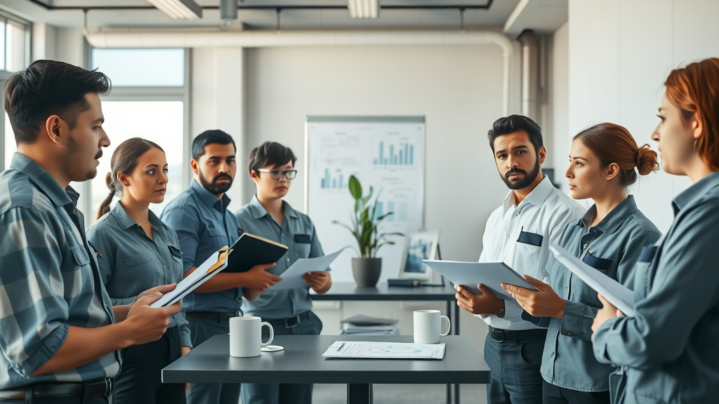 Worried industrial staff discussing wastewater compliance violation in breakroom