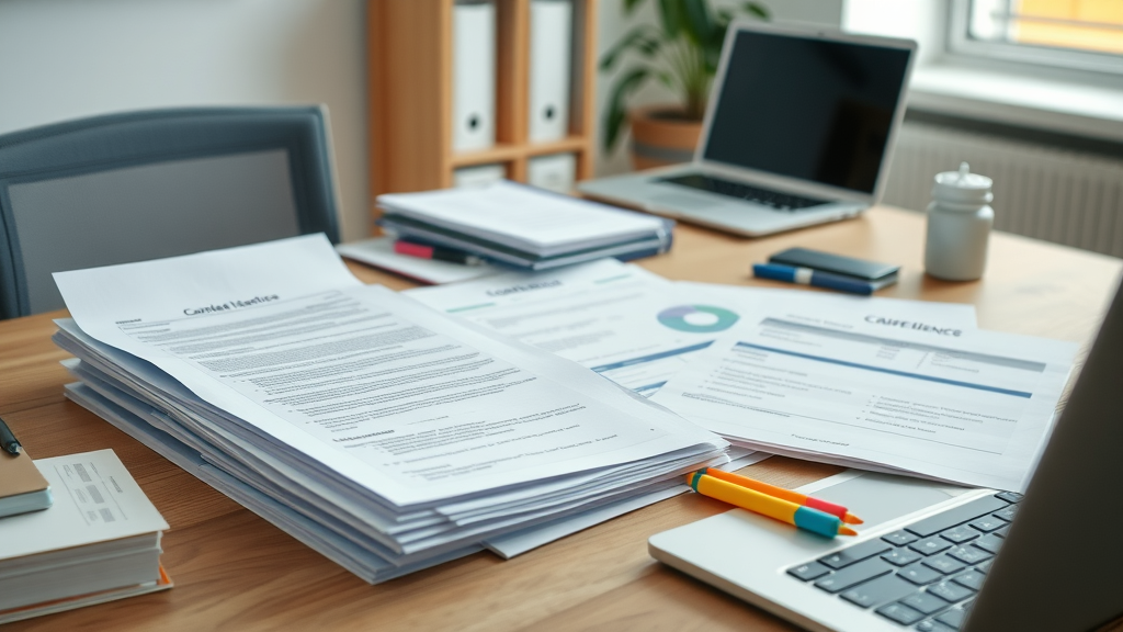 Organized desk with wastewater compliance lab reports and regulatory notices in office setting