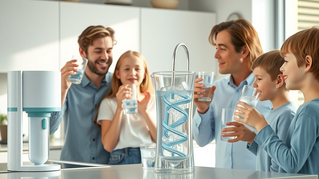Family using water filtration systems in a modern kitchen, drinking clean water, countertop water filter visible, sunlit setting