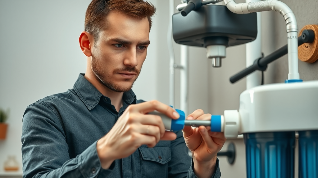 Technician performing maintenance on modern water filtration system in a home utility room