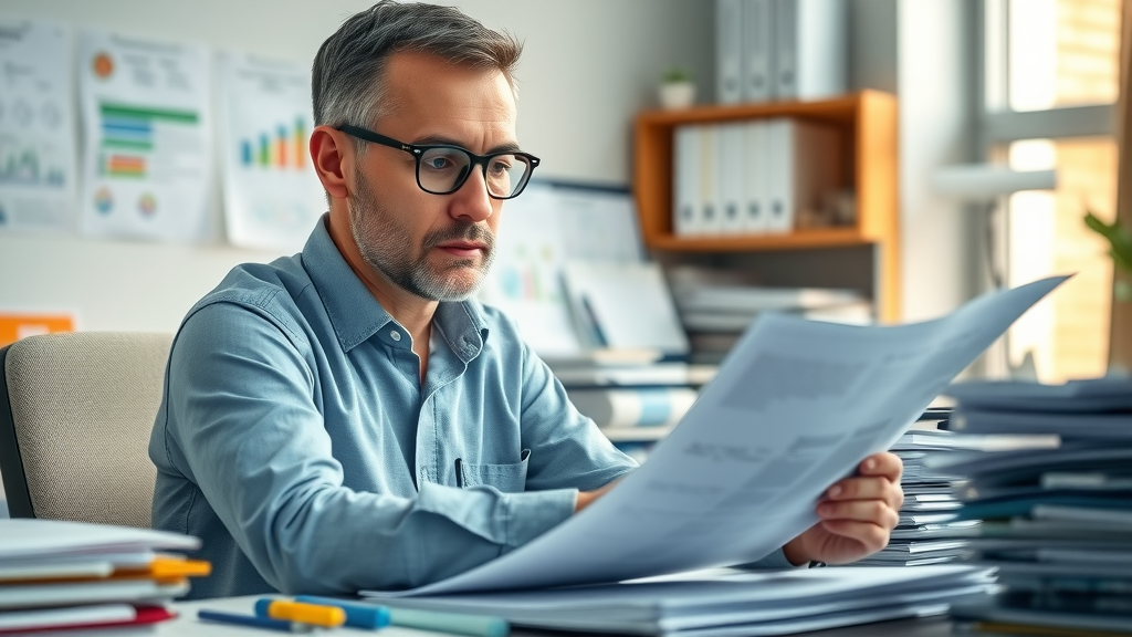 EHS manager reviewing laboratory reports and compliance permits for industrial wastewater