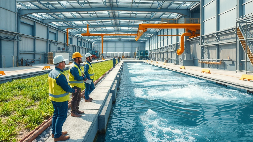 Modern industrial wastewater pre-treatment at manufacturing facility with water channels and treatment in action