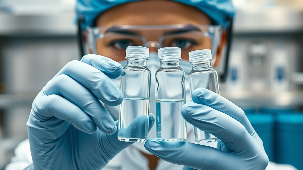 Technician holding industrial wastewater samples for contaminant analysis in lab