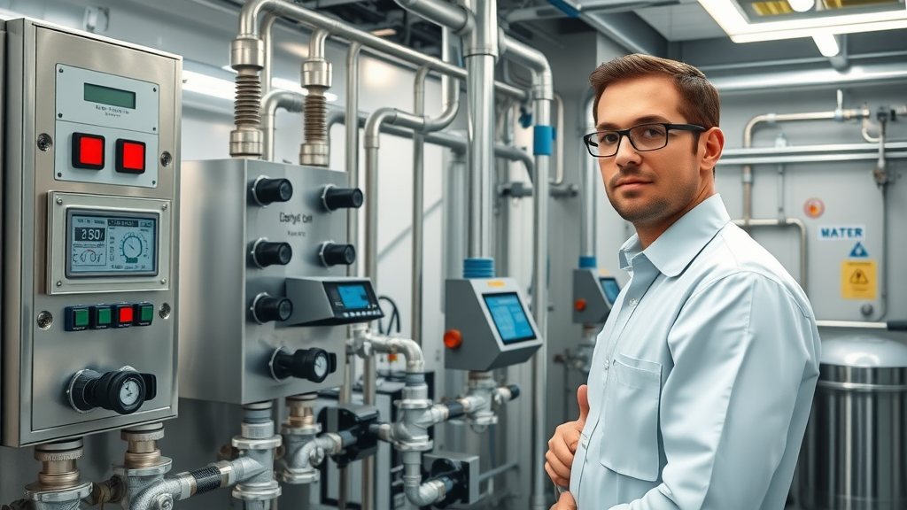 Technician monitoring advanced industrial wastewater pre-treatment filtration and chemical dosing systems