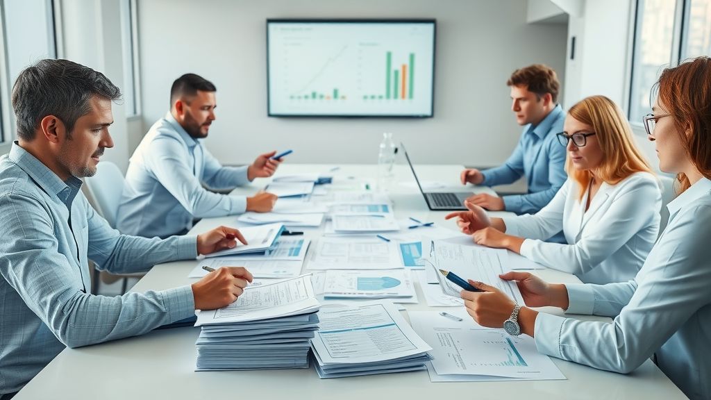 Team reviewing compliance documentation, lab reports, and wastewater discharge permits