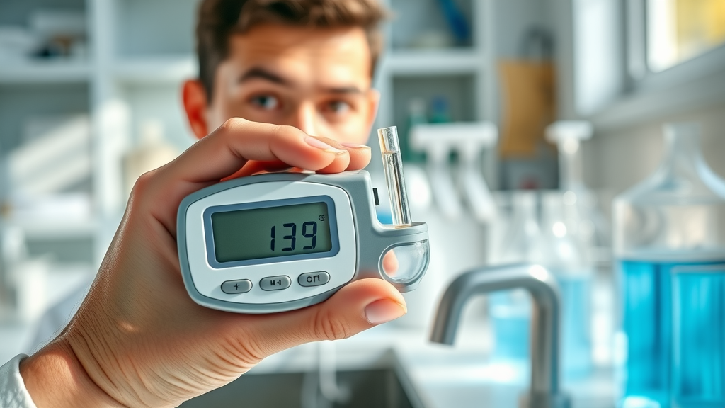 hand holding digital water quality tester for assessing water disinfection system requirements