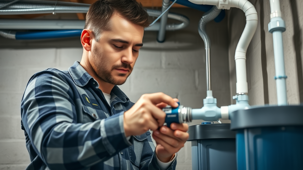 experienced plumber installing water disinfection system with modern tools