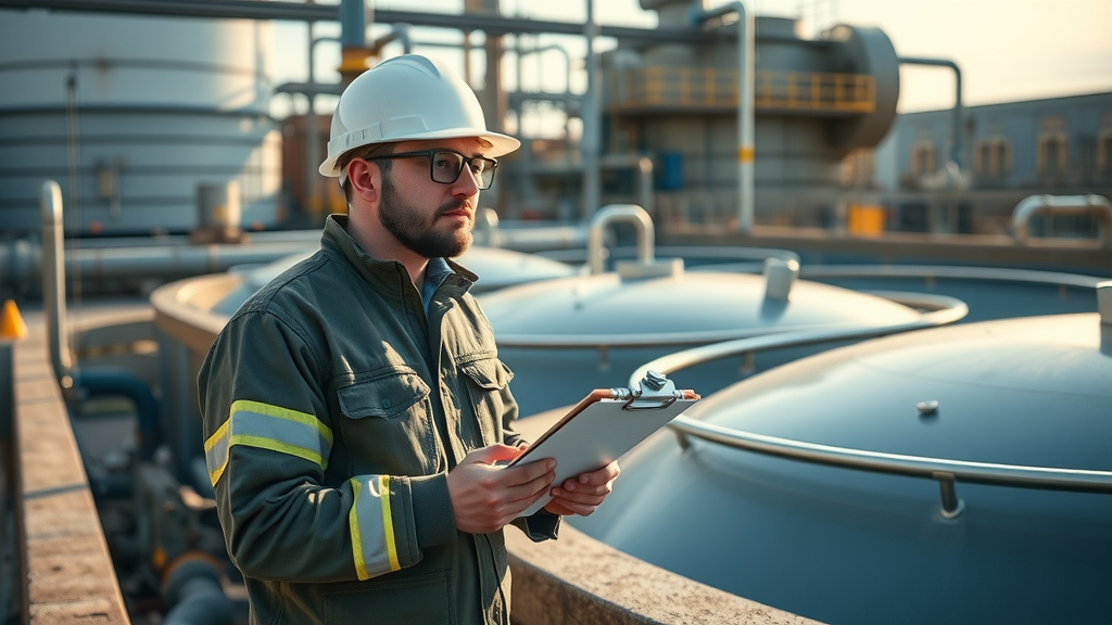 Environmental inspector conducting compliance check at industrial wastewater facility