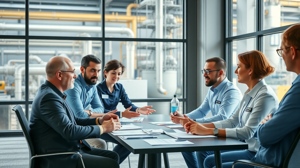 Environmental health and safety manager collaborating with industrial staff on wastewater compliance