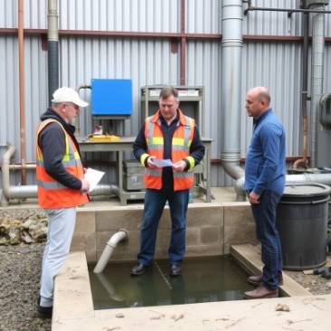 Industrial waste water consultation with three experts discussing solutions.